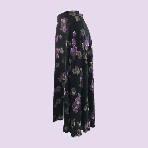 Vintage 90s ABS Black Purple Rose Floral Midi Skirt w/ Pockets Small - Picture 1 of 9